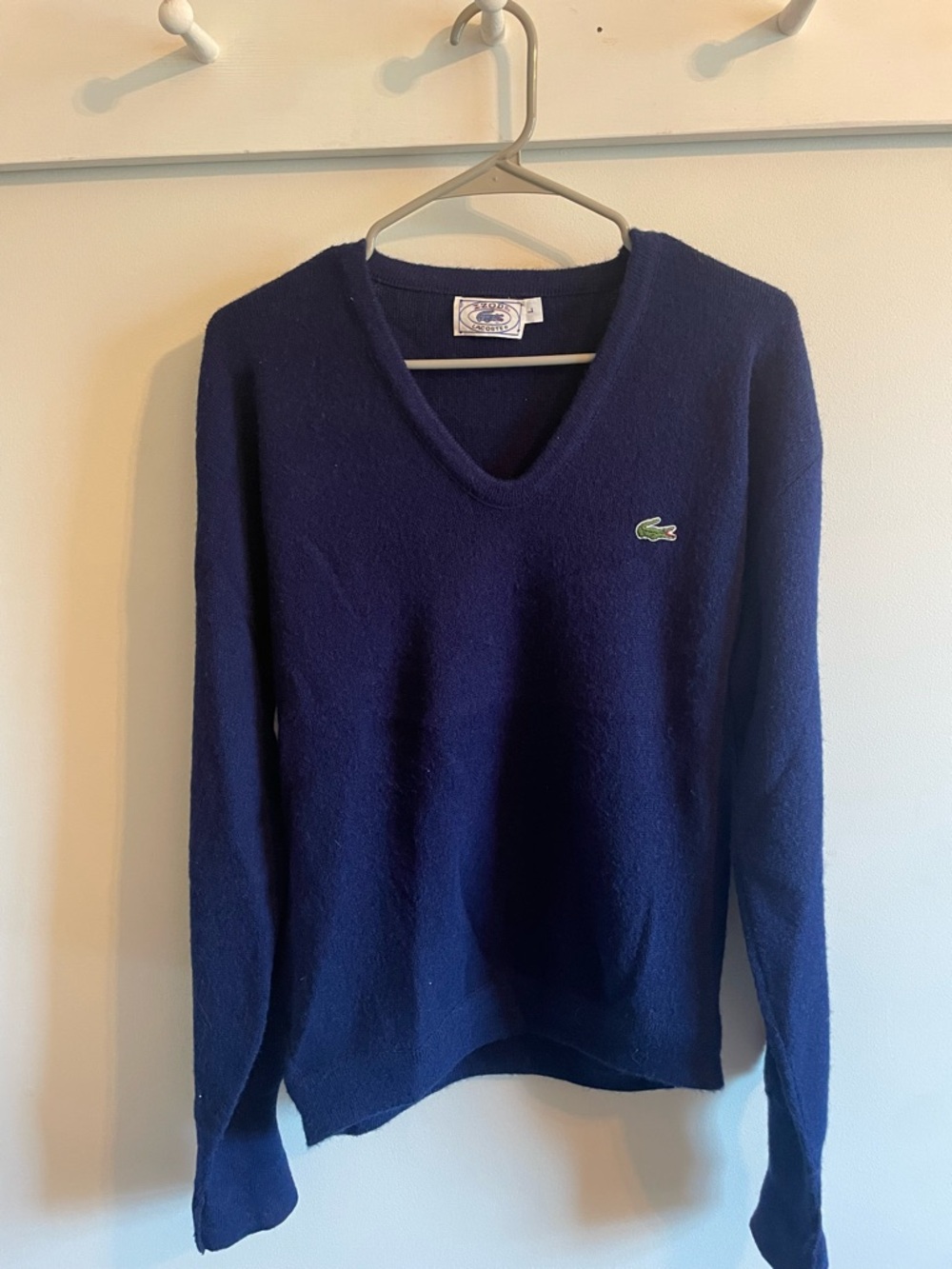 Lacoste Women's Dark Navy V-Neck Sweater with Green Crocodile Logo